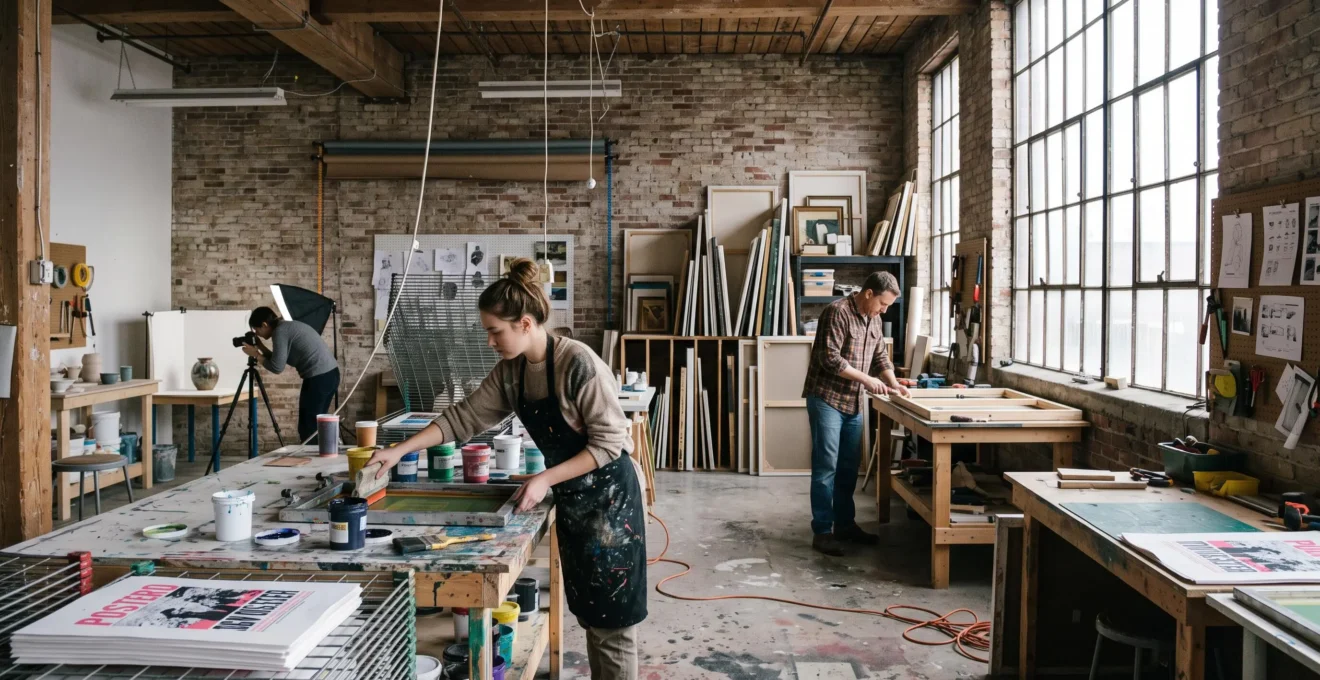 Plusieurs créateurs travaillent côte à côte dans un atelier partagé aménagé dans un ancien bâtiment industriel canadien.