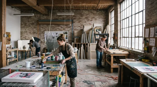 Plusieurs créateurs travaillent côte à côte dans un atelier partagé aménagé dans un ancien bâtiment industriel canadien.