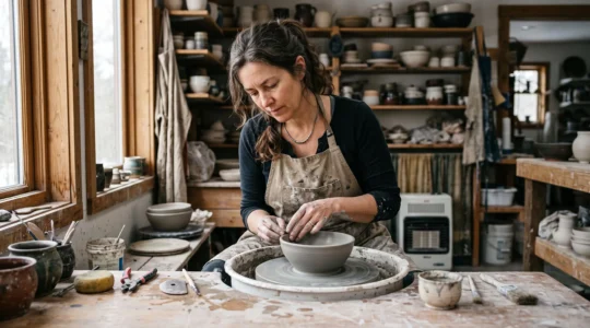 Une céramiste façonne à la main le bord d'un bol d'argile sur un tour dans son atelier rempli de pièces en cours et achevées.