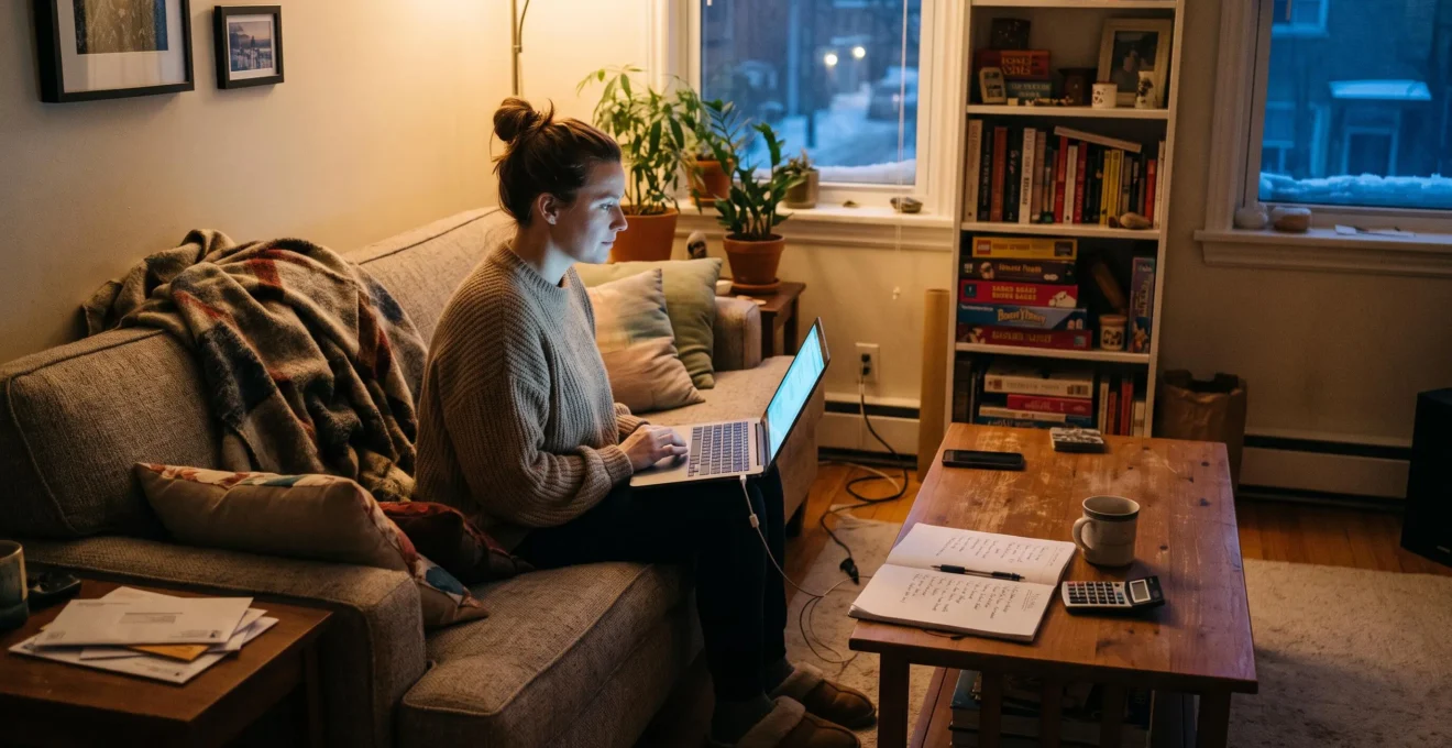 Une personne compare des abonnements de streaming sur son ordinateur portable, une liste de séries écrite à la main posée sur la table du salon.