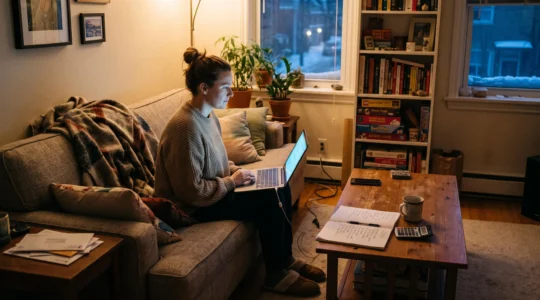 Une personne compare des abonnements de streaming sur son ordinateur portable, une liste de séries écrite à la main posée sur la table du salon.