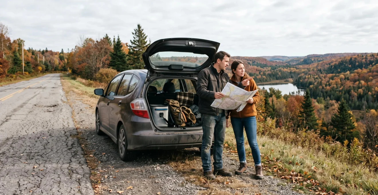 Un couple consulte une carte routière près de leur voiture garée sur le bord d'une route secondaire canadienne, face à un paysage de lac et de forêts.