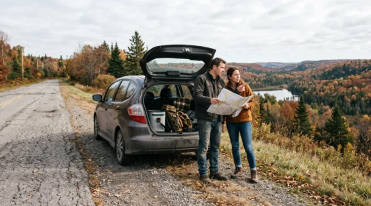 Un couple consulte une carte routière près de leur voiture garée sur le bord d'une route secondaire canadienne, face à un paysage de lac et de forêts.