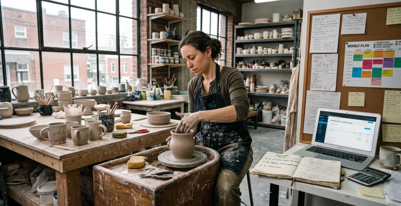 Une céramiste indépendante façonne une pièce dans son atelier, avec un ordinateur portable et un agenda posés sur une table derrière elle.