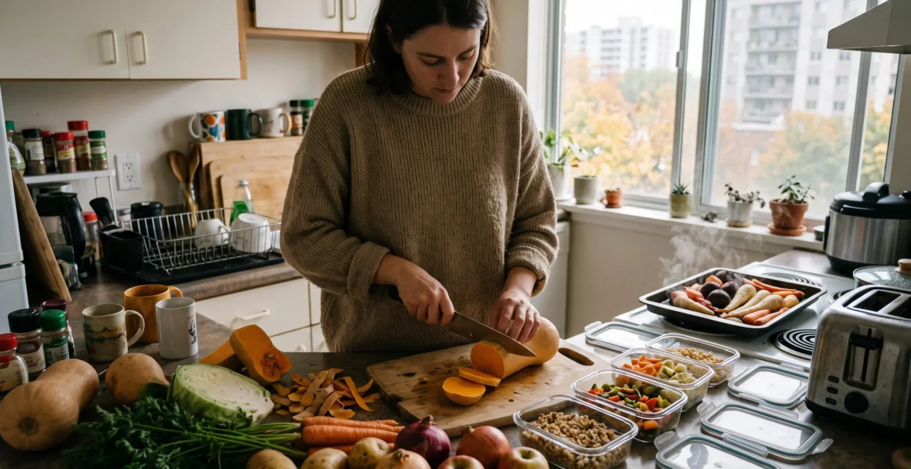 Une personne coupe une courge sur un comptoir de cuisine où des carottes, du chou, des pommes de terre et des pommes d'automne sont disposés pour préparer plusieurs repas.
