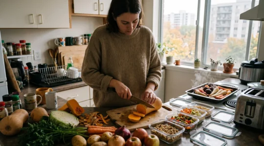 Une personne coupe une courge sur un comptoir de cuisine où des carottes, du chou, des pommes de terre et des pommes d'automne sont disposés pour préparer plusieurs repas.