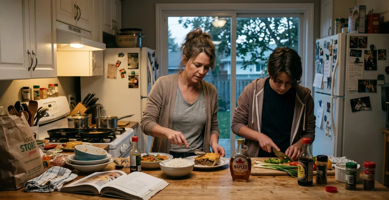 Une famille prépare un dîner fusion dans une cuisine canadienne, entre plats d'influence étrangère et produits du terroir local.