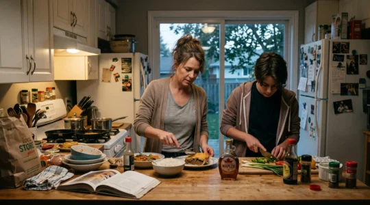 Une famille prépare un dîner fusion dans une cuisine canadienne, entre plats d'influence étrangère et produits du terroir local.