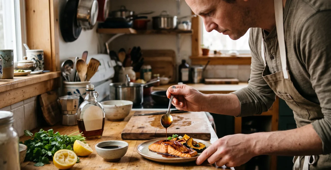 Un cuisinier verse une sauce glacée à l'érable sur un plat fusion à base de saumon dans une cuisine domestique.