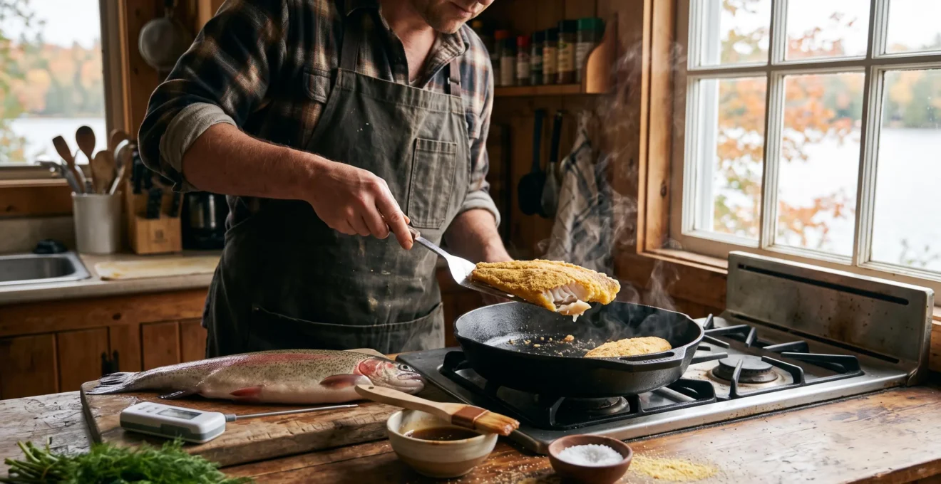 Un cuisinier soulève un filet de doré pané d'une poêle en fonte dans une cuisine de chalet canadien.