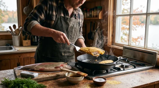 Un cuisinier soulève un filet de doré pané d'une poêle en fonte dans une cuisine de chalet canadien.