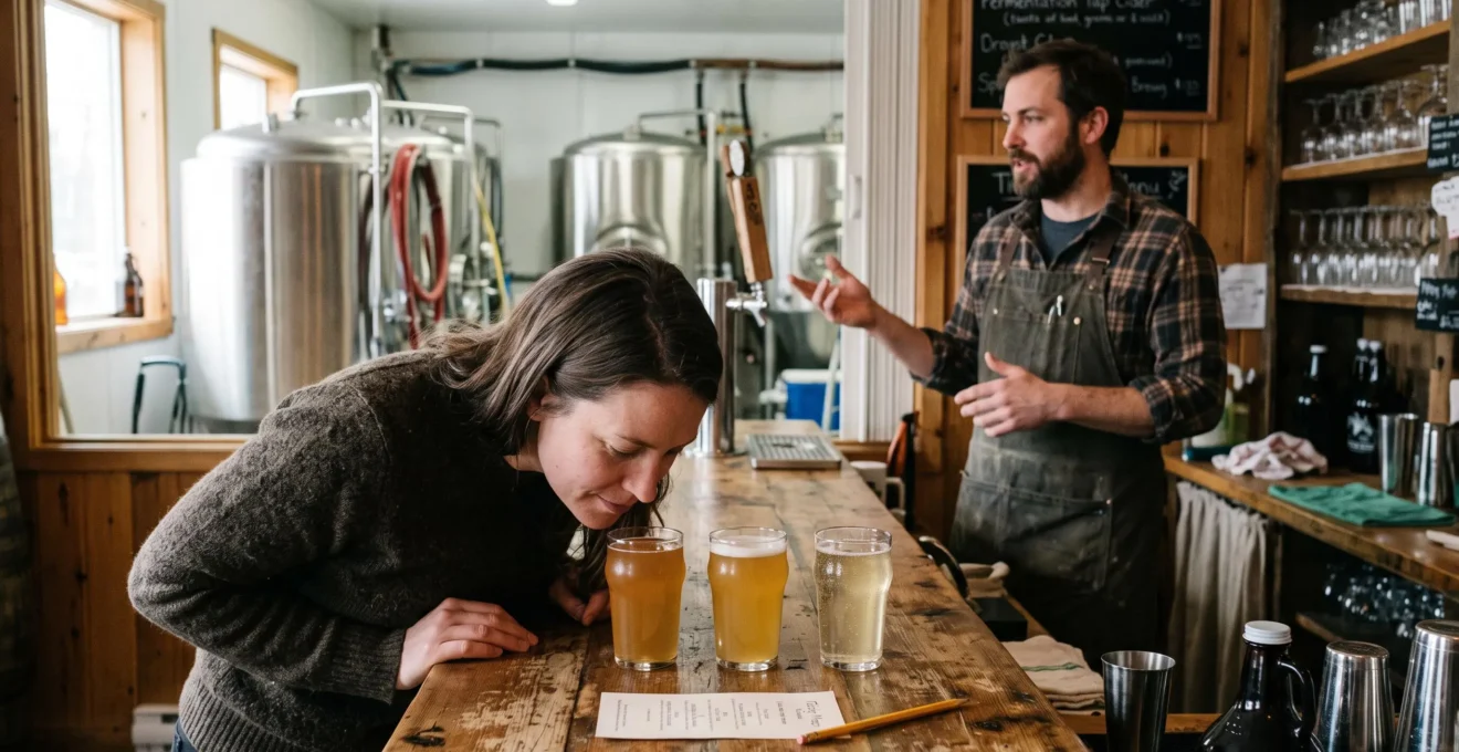 Une cliente compare trois boissons artisanales canadiennes dans des verres de dégustation au comptoir d'une cidrerie pendant qu'un producteur lui présente les cuves de fermentation en arrière-plan.