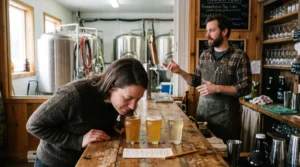 Une cliente compare trois boissons artisanales canadiennes dans des verres de dégustation au comptoir d'une cidrerie pendant qu'un producteur lui présente les cuves de fermentation en arrière-plan.
