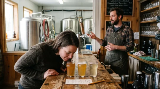 Une cliente compare trois boissons artisanales canadiennes dans des verres de dégustation au comptoir d'une cidrerie pendant qu'un producteur lui présente les cuves de fermentation en arrière-plan.