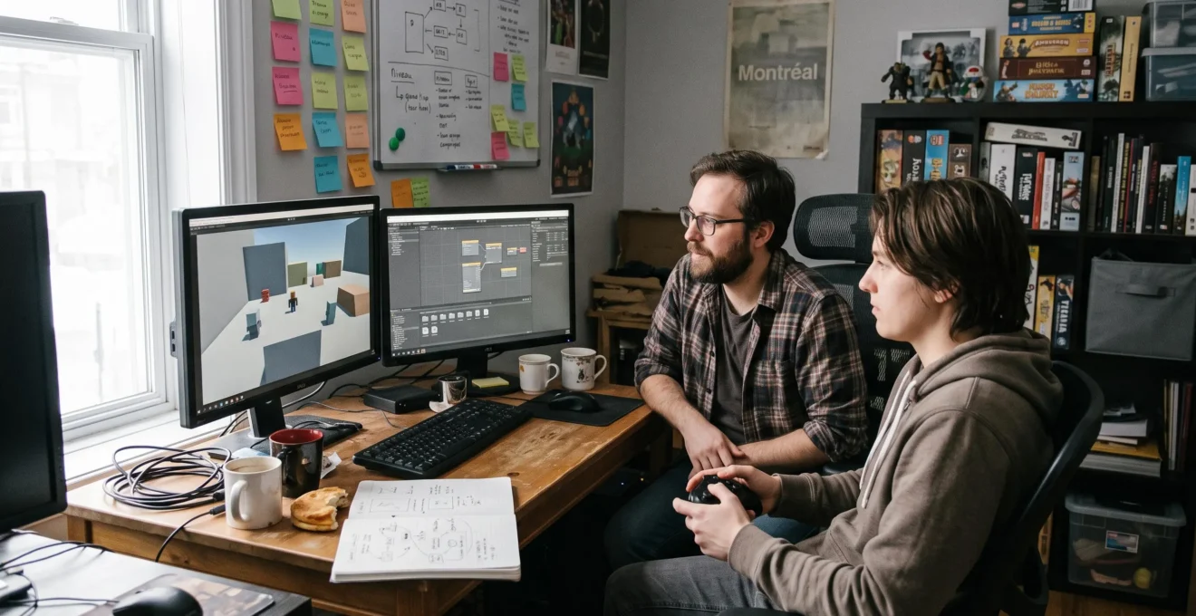 Un développeur de jeu indépendant teste son prototype avec un joueur devant un écran montrant des formes géométriques simples, dans un petit studio au Québec.