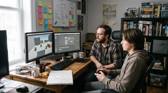 Un développeur de jeu indépendant teste son prototype avec un joueur devant un écran montrant des formes géométriques simples, dans un petit studio au Québec.