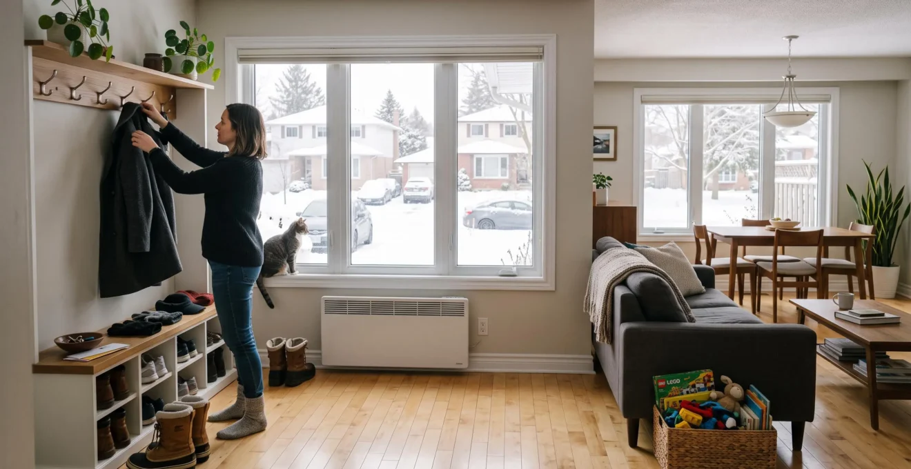 Une femme suspend son manteau d'hiver sur des crochets près d'un banc à rangement, dans un salon lumineux et fonctionnel d'une maison canadienne.