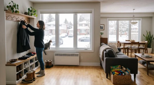Une femme suspend son manteau d'hiver sur des crochets près d'un banc à rangement, dans un salon lumineux et fonctionnel d'une maison canadienne.