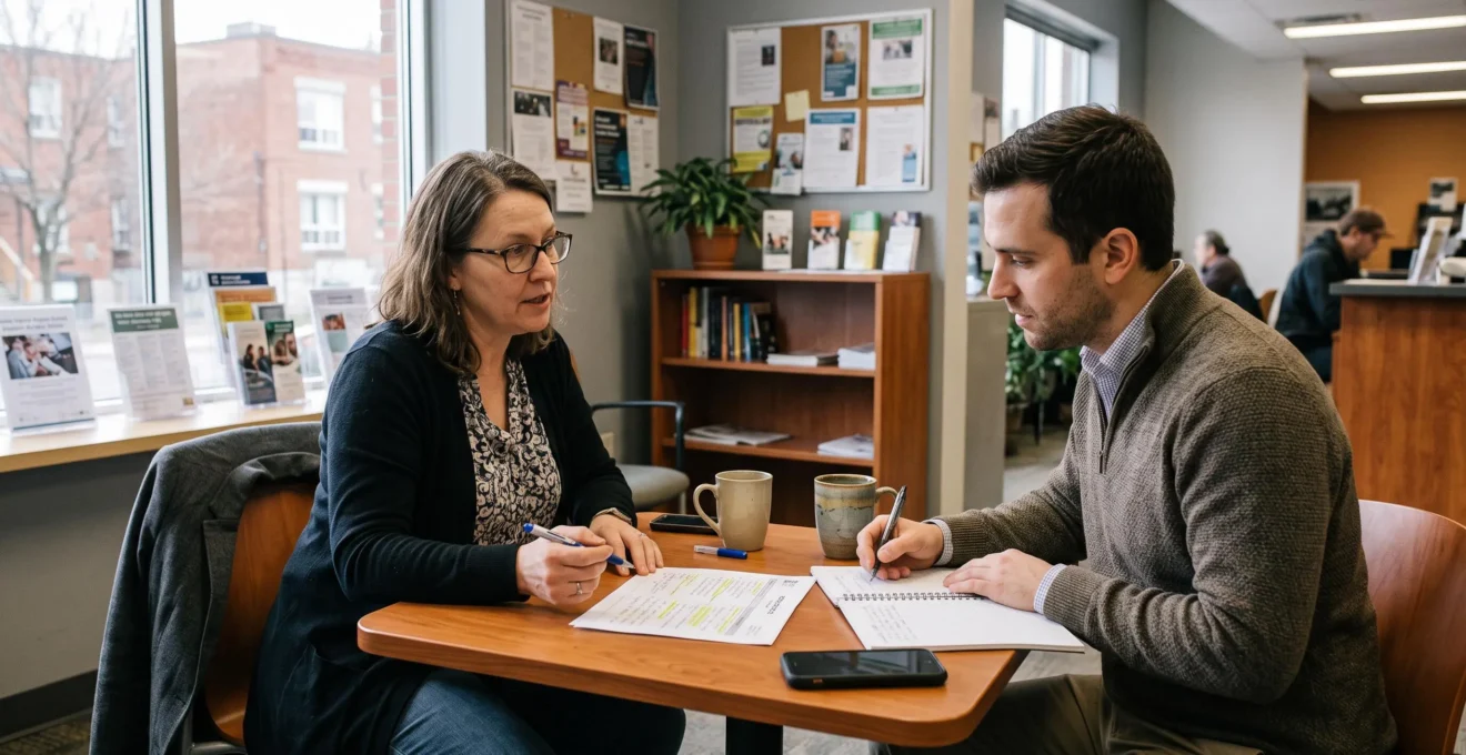 Un conseiller en orientation discute avec un professionnel autour d'un tableau de notes dans un centre d'emploi au Canada.