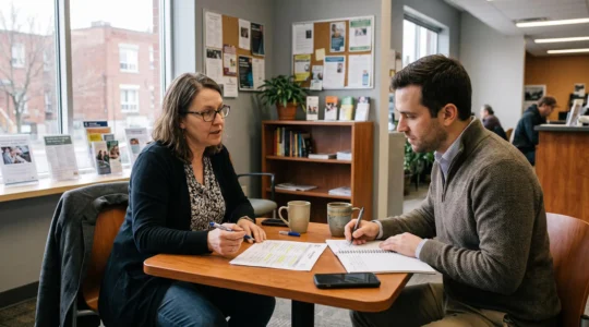 Un conseiller en orientation discute avec un professionnel autour d'un tableau de notes dans un centre d'emploi au Canada.