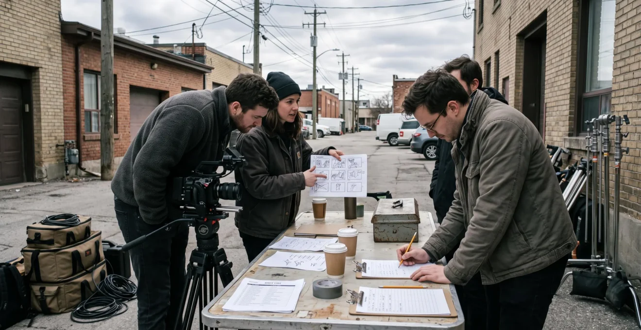 Une petite équipe de production audiovisuelle prépare un tournage autour d'une table pliante avec storyboard, plan de travail et caméra sur trépied.