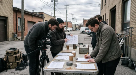 Une petite équipe de production audiovisuelle prépare un tournage autour d'une table pliante avec storyboard, plan de travail et caméra sur trépied.