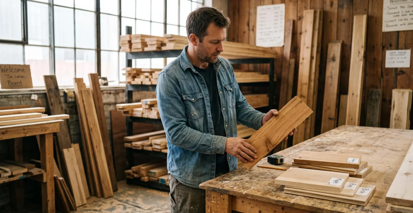 Une personne examine des échantillons de bois canadien sur un établi dans une salle de montre lors d'un projet résidentiel.