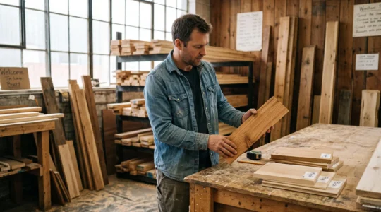 Une personne examine des échantillons de bois canadien sur un établi dans une salle de montre lors d'un projet résidentiel.