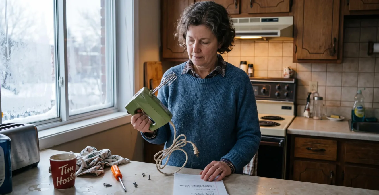 Une personne examine dans sa cuisine un appareil usé posé sur le comptoir, une note manuscrite et un tournevis à côté, avant de décider de le réparer ou de le remplacer.