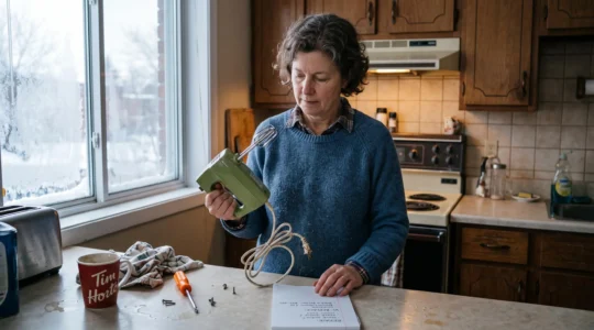 Une personne examine dans sa cuisine un appareil usé posé sur le comptoir, une note manuscrite et un tournevis à côté, avant de décider de le réparer ou de le remplacer.