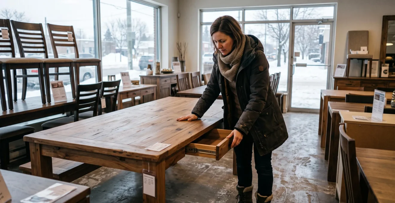 Une femme examine la finition d'une table en bois massif dans un salon de meubles en hiver, avant un achat.