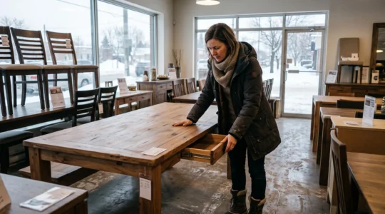 Une femme examine la finition d'une table en bois massif dans un salon de meubles en hiver, avant un achat.