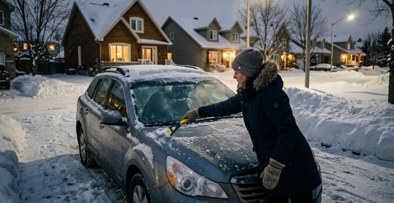 Une femme gratte le givre sur le pare-brise de sa voiture dans une allée enneigée, tôt un matin d'hiver au Canada.