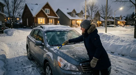 Une femme gratte le givre sur le pare-brise de sa voiture dans une allée enneigée, tôt un matin d'hiver au Canada.