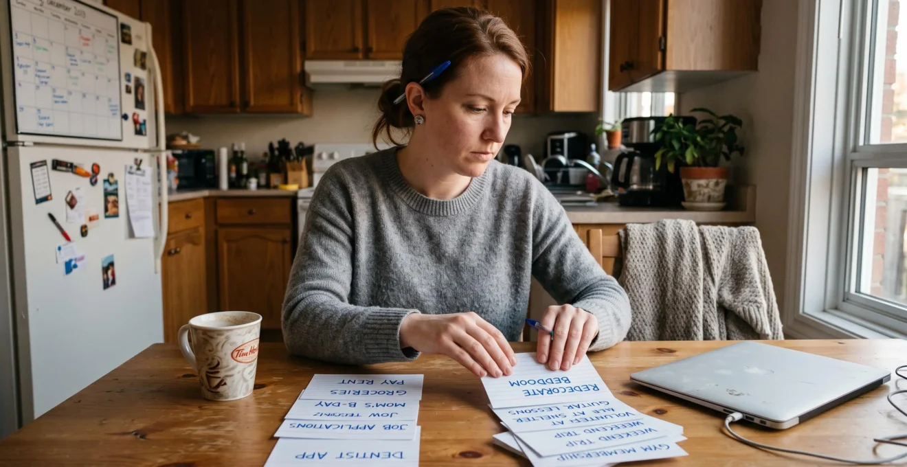 Une femme trie des fiches papier portant ses critères de décision en deux groupes sur une table de cuisine.