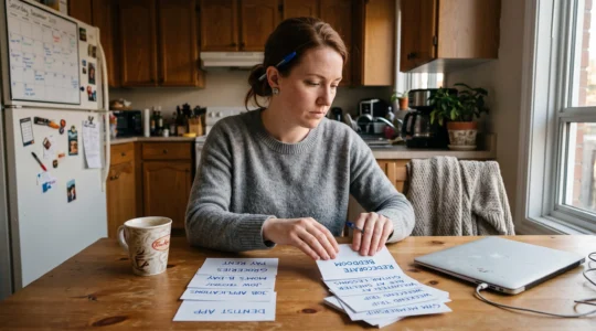 Une femme trie des fiches papier portant ses critères de décision en deux groupes sur une table de cuisine.