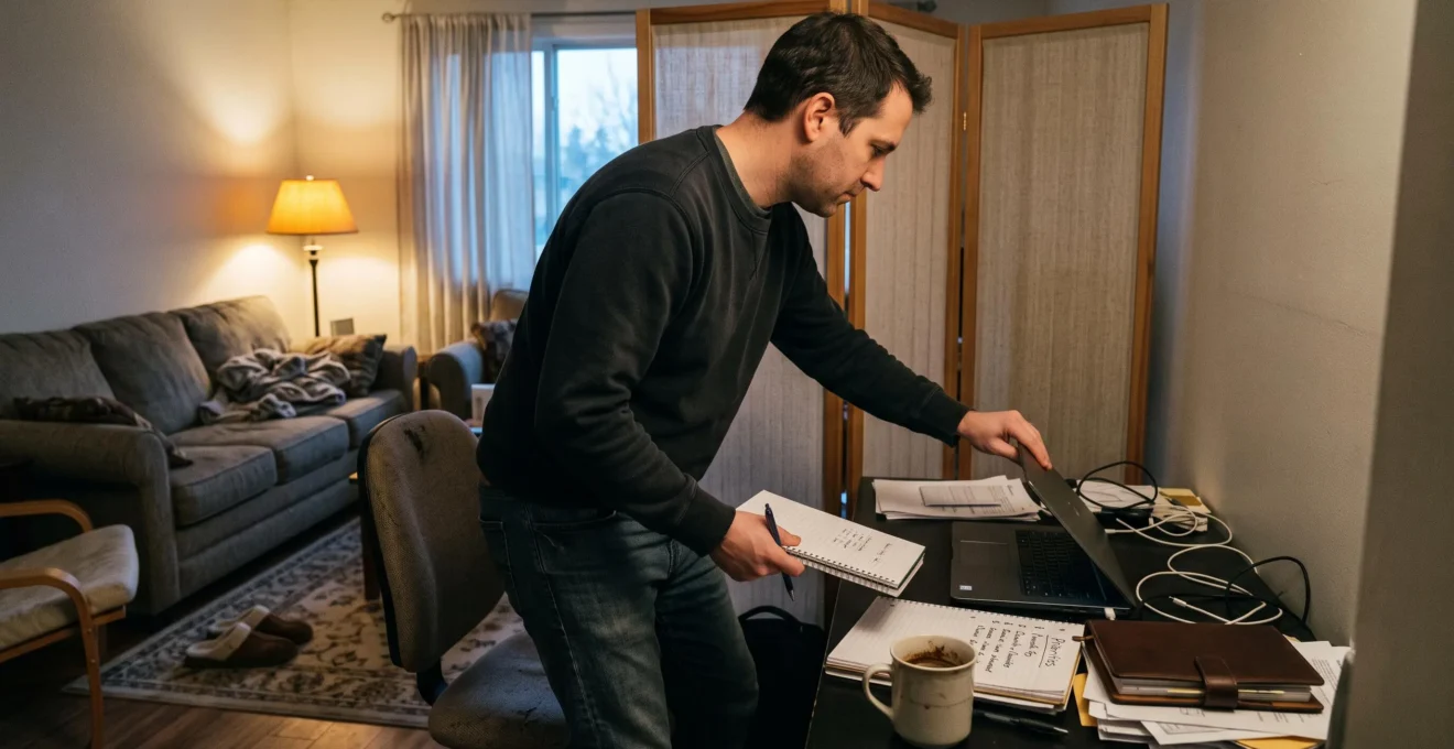 Une personne ferme son ordinateur portable au fond d'un salon au début de la soirée, son coin bureau séparé du reste du logement par un paravent.