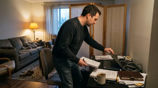 Une personne ferme son ordinateur portable au fond d'un salon au début de la soirée, son coin bureau séparé du reste du logement par un paravent.