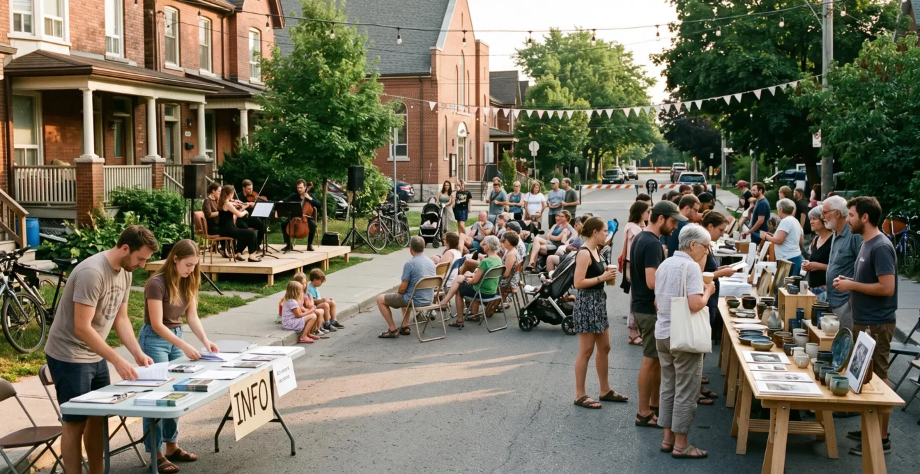 Des bénévoles installent un stand d'artisanat local lors d'un festival de quartier animé par un petit ensemble musical, dans une rue résidentielle canadienne.