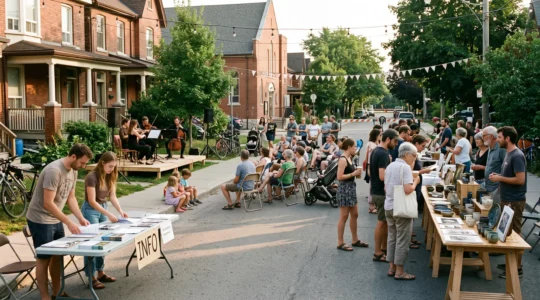 Des bénévoles installent un stand d'artisanat local lors d'un festival de quartier animé par un petit ensemble musical, dans une rue résidentielle canadienne.