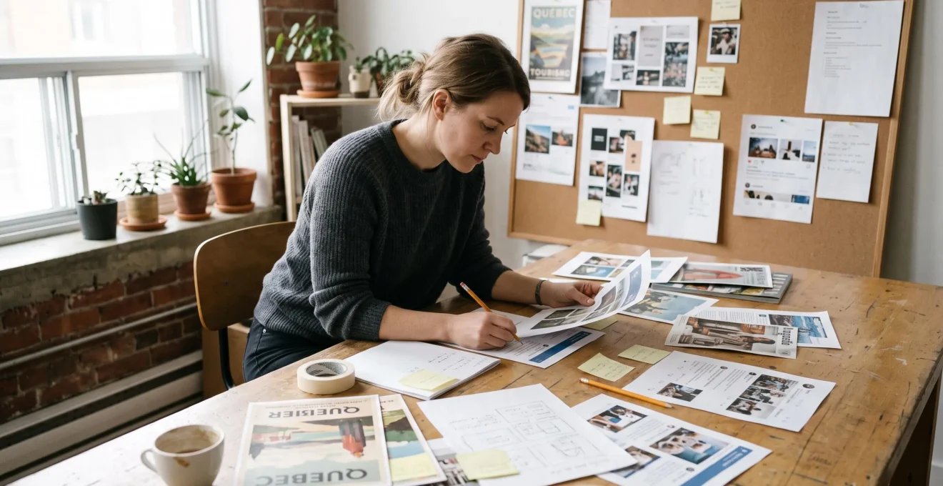 Une graphiste annote une maquette imprimée à son bureau, entourée de références visuelles variées épinglées et disposées sur la table.