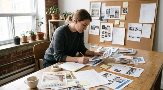 Une graphiste annote une maquette imprimée à son bureau, entourée de références visuelles variées épinglées et disposées sur la table.