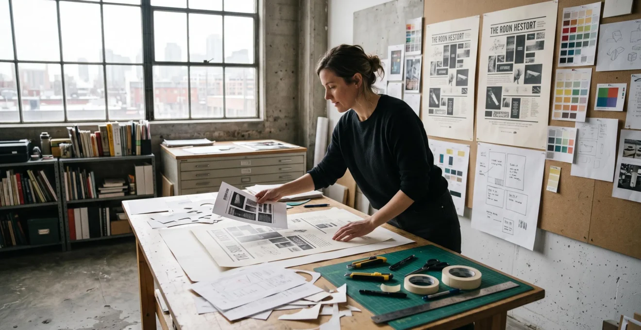 Une graphiste retire des éléments imprimés d'une maquette affichée sur son plan de travail pour simplifier la composition.