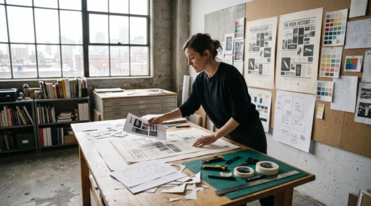 Une graphiste retire des éléments imprimés d'une maquette affichée sur son plan de travail pour simplifier la composition.