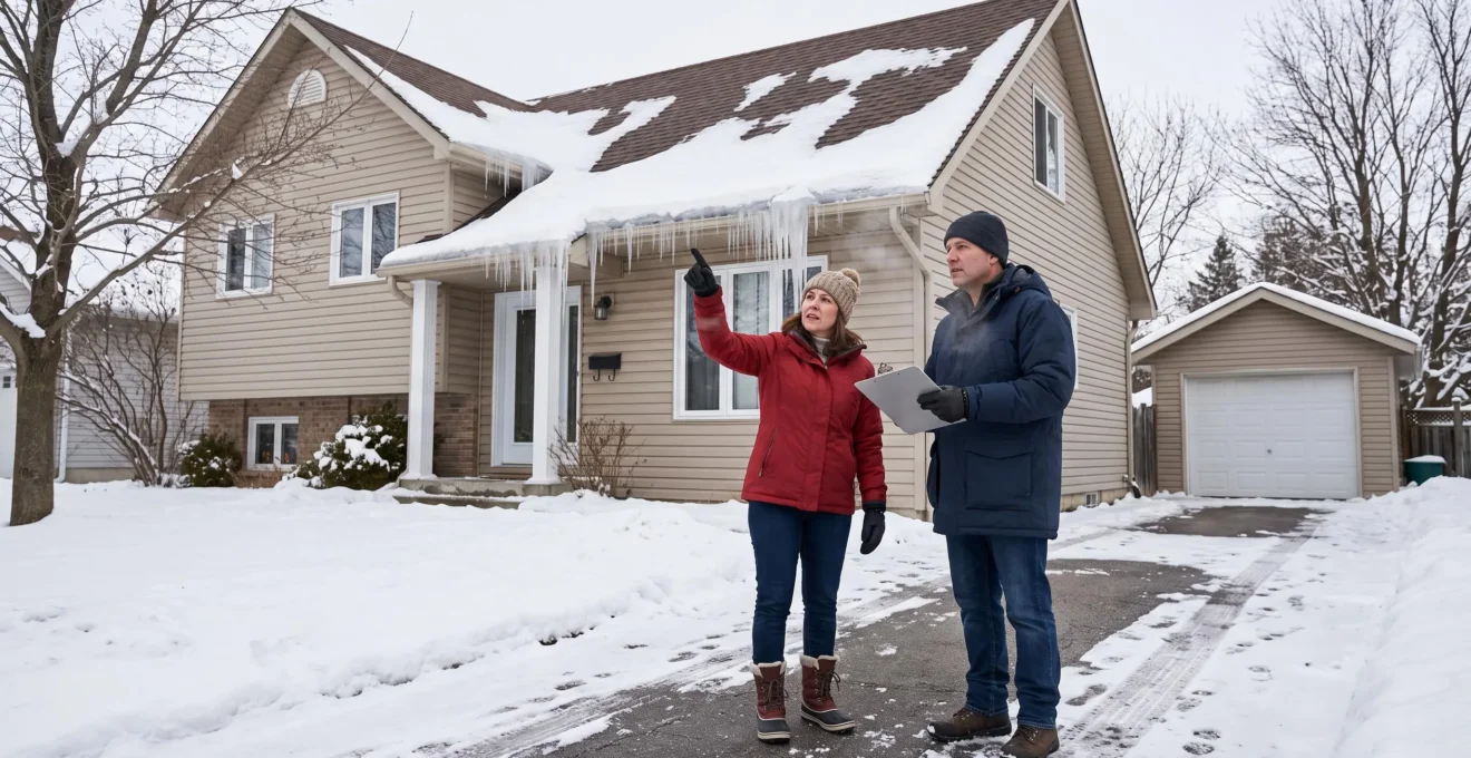 Deux personnes observent les barreaux de glace et la neige fondue inégalement sur le toit d'une maison canadienne en hiver.