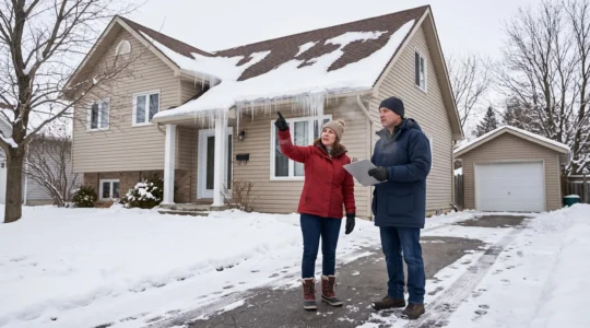 Deux personnes observent les barreaux de glace et la neige fondue inégalement sur le toit d'une maison canadienne en hiver.
