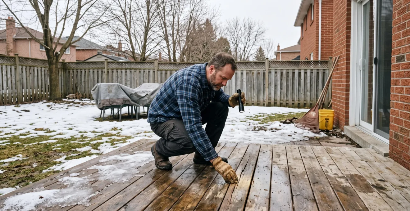 Une personne accroupie inspecte les lames d'une terrasse en bois au début du printemps alors que la neige fond dans une cour arrière canadienne.