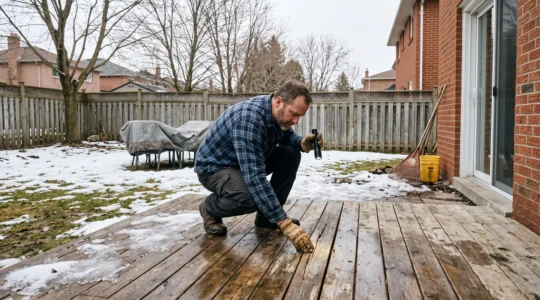 Une personne accroupie inspecte les lames d'une terrasse en bois au début du printemps alors que la neige fond dans une cour arrière canadienne.