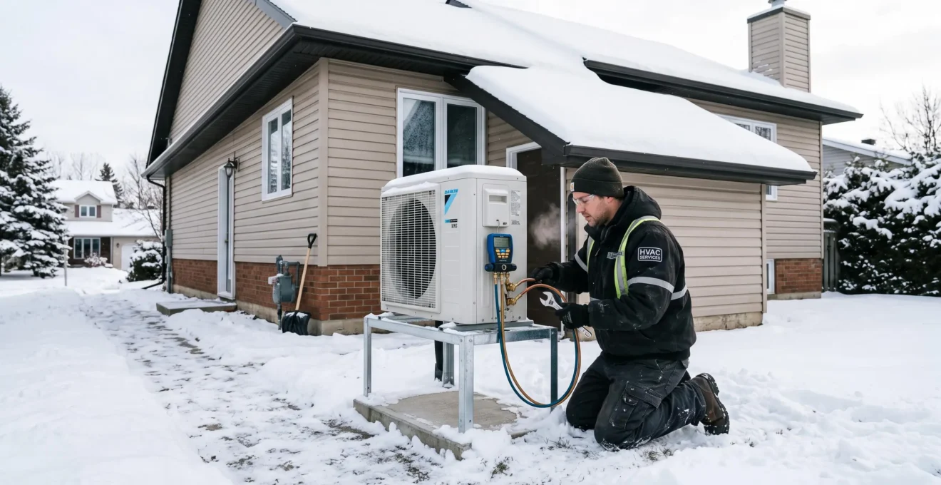Un technicien installe une unité extérieure de thermopompe devant une maison canadienne enneigée en hiver.