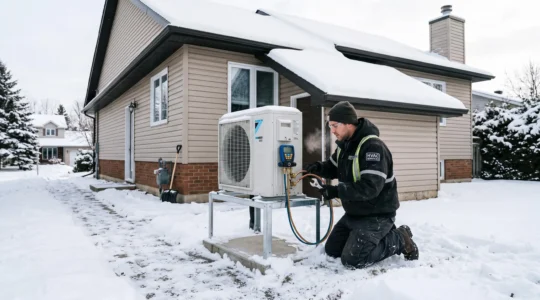 Un technicien installe une unité extérieure de thermopompe devant une maison canadienne enneigée en hiver.